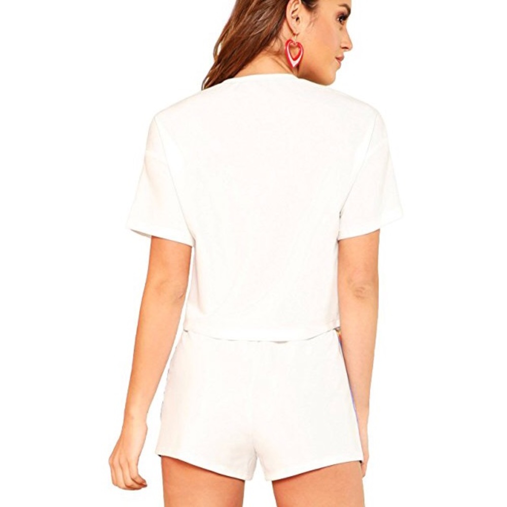 White Rainbow 2 Piece Lounge Crop Top + Shorts Set - Picture 2 of 4